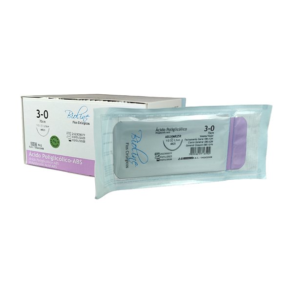 ABS - Fio Ácido Poliglicólico Nº 3-0 70 cm 1/2 R 2,5 cm Caixa Com 36 Unidades - Bioline