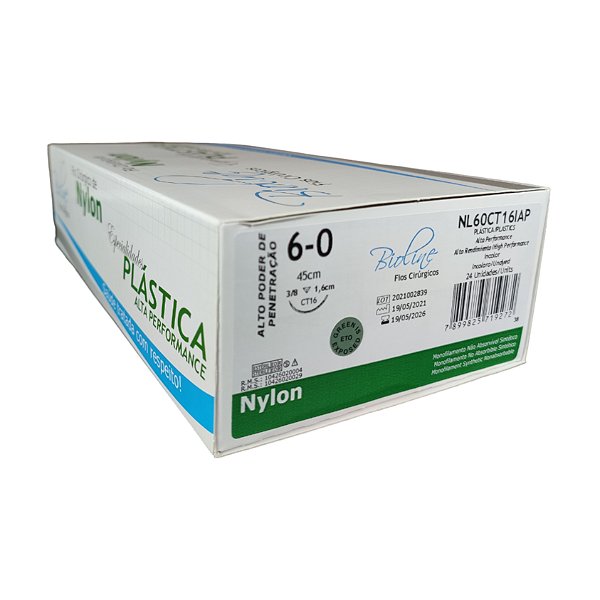 NL - Fio Nylon Nº 6-0 45 cm 3/8 T 1,6 cm Caixa Com 24 Unidades - Bioline