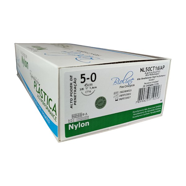 NL - Fio Nylon Nº 5-0 45 cm 3/8 T 1,6 cm Caixa Com 24 Unidades - Bioline