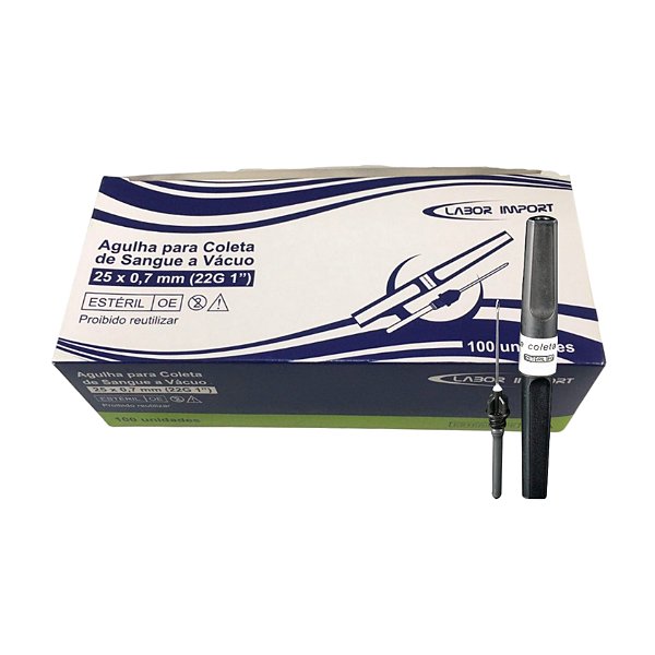 Agulha Para Coleta De Sangue A Vácuo 25 x 0,7 mm (22G 1") Caixa C/ 100 Unidades - Labor Import