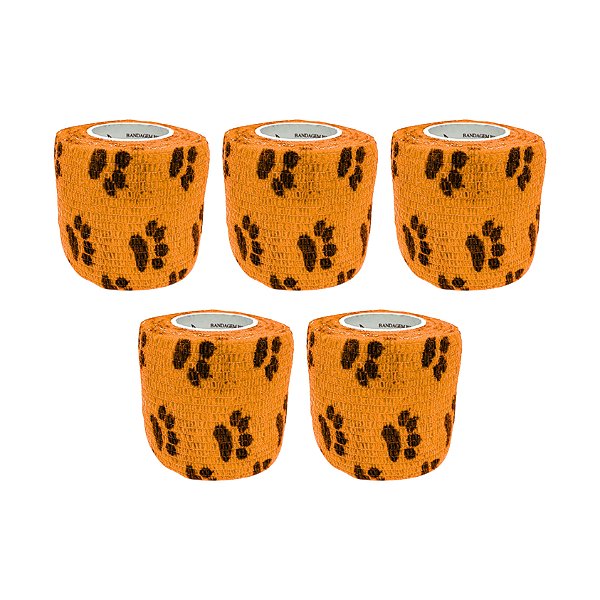 Atadura Elástica Autoaderente Laranja Neon Com Patinhas 5 cm x 4,5 mt Kit Com 5 Unidades