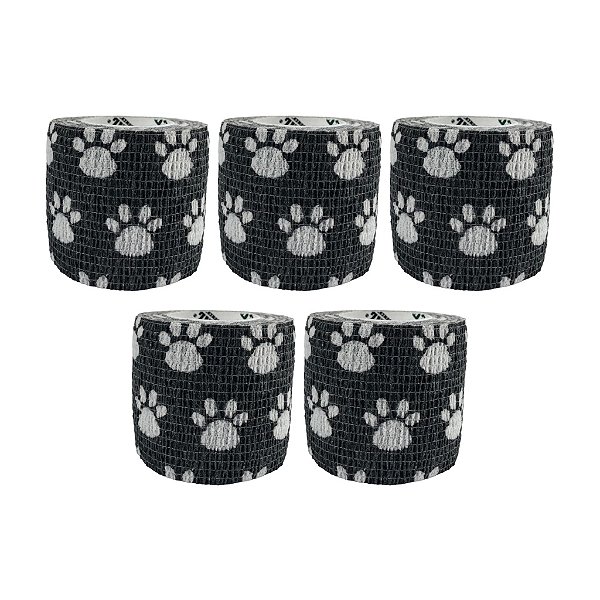 Atadura Elástica Autoaderente Preta Com Patinhas 5 cm x 4,5 mt Kit Com 5 Unidades - Syrvet