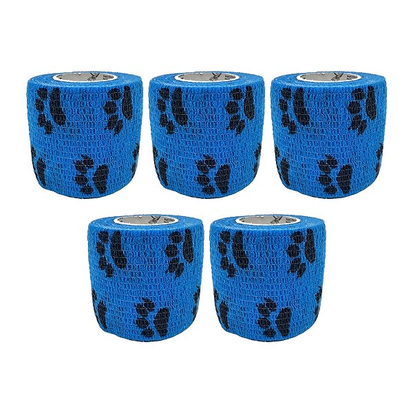 Atadura Elástica Autoaderente Azul Com Patinhas 5 cm x 4,5 mt Kit Com 5 Unidades - Syrvet