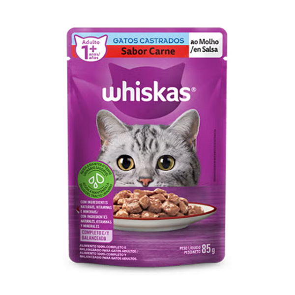 Ração Úmida Sachê Whiskas para Gatos Castrados Sabor Carne ao Molho