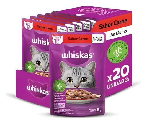 Ração Úmida Sachê Whiskas para Gatos Caixa Com 20 unidades Sabor Carne ao Molho