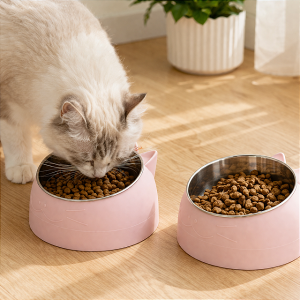 Comedoouro para Gatos Formato de Gatinho com Tigela de Inox