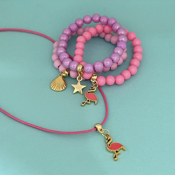 Conj Colar Fio E Pulseiras Flamingo