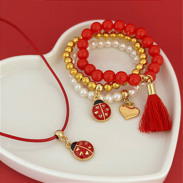 Conj Colar Fio E Pulseiras Joaninha