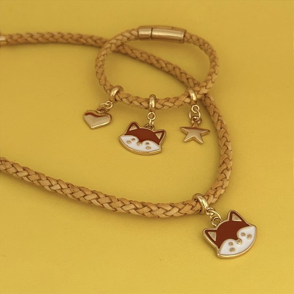 Conj Colar E Pulseira Couro Raposa Amarelo