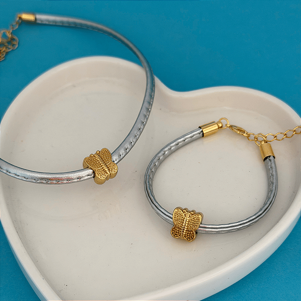 Conj Choker E Pulseira Metalizado Borboleta