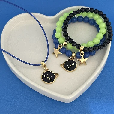 Conj Colar Fio E Pulseiras Love Cats
