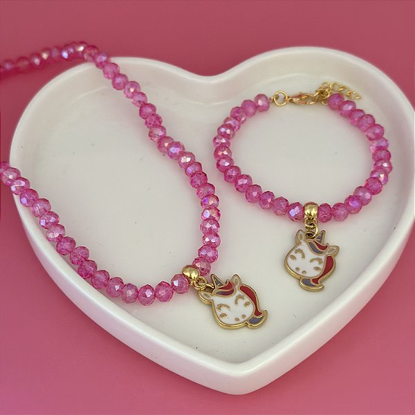 Conj Colar E Pulseira Cristal N6 Unicornio
