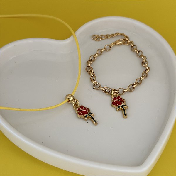 Conj Colar Fio E Pulseira Corrente Rosa Bela