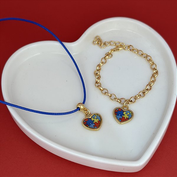 Conj Colar Fio E Pulseira Corrente Coração Autismo