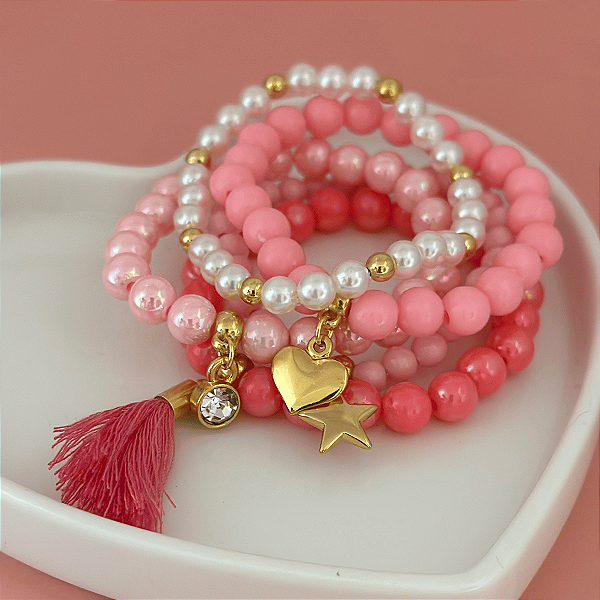kit 5 Pulseiras Rosa Barbie