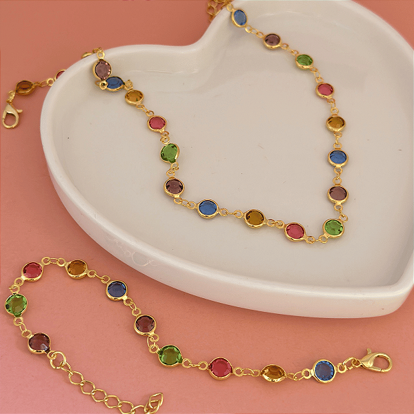 Conj Choker E Pulseira Corrente Pedras Coloridas