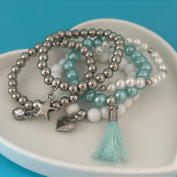 Kit 5 Pulseiras Azul Prata