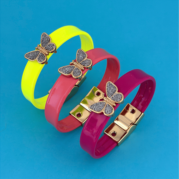 Pulseira Fecho Imã Color Borboleta Glitter