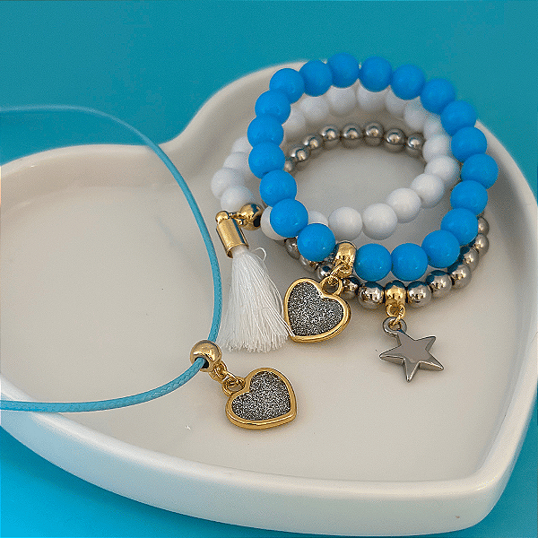 Conj Colar Fio E Pulseiras Coração Glitter