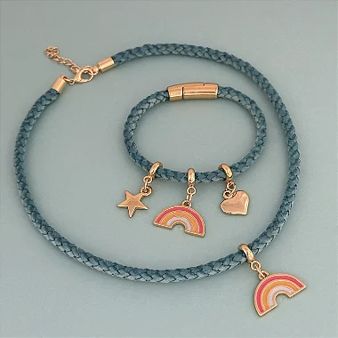 Conj Colar Com Pulseira Couro Arco Iris