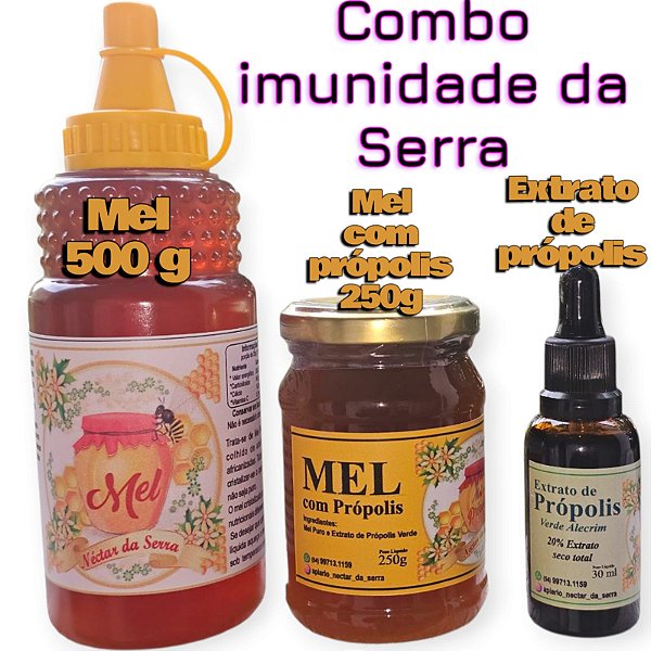 COMBO IMUNIDADE DA SERRA um mel de 500g +um mel com própolis 250g+um extrato de propolis