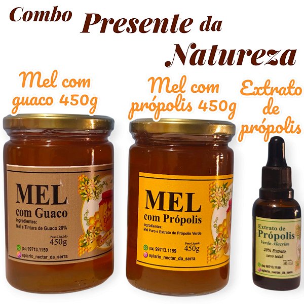 COMBO PRESENTE DA NATUREZA um mel com própolis 450g+um mel com guaco 450g +um extrato de propolis 30ml
