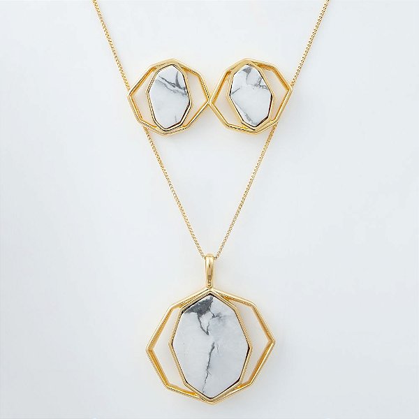 Conjunto Colar e Brinco com Pedra Natural Howlita Geométrico