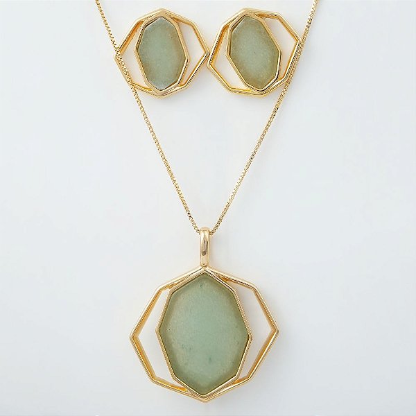 Conjunto Colar e Brinco com Pedra Natural Quartzo Verde Geométrico