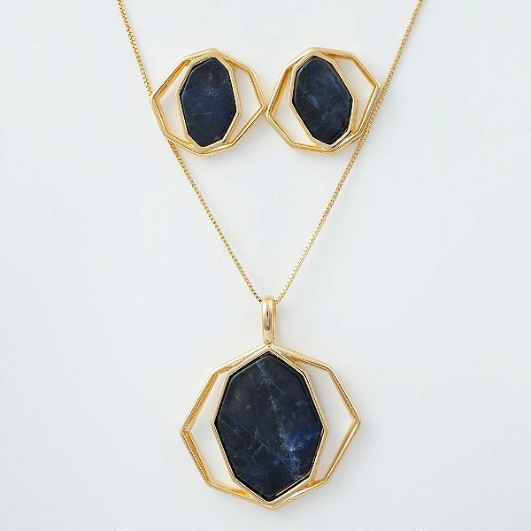 Conjunto Colar e Brinco com Pedra Natural Sodalita Geométrico