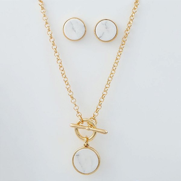 Conjunto Colar e Brinco com Pedra Natural Howlita