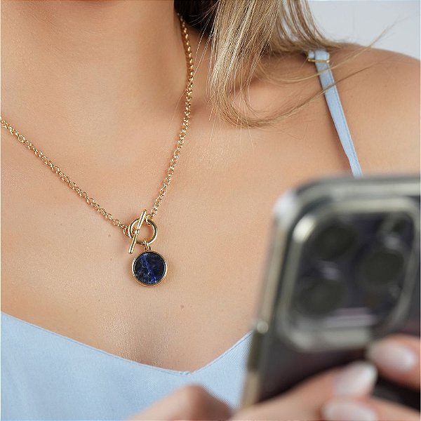 Conjunto Colar e Brinco com Pedra Natural Sodalita