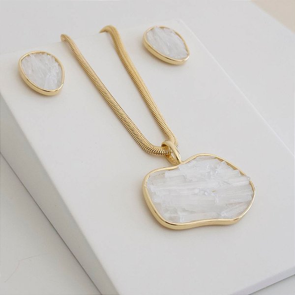 Conjunto Colar e Brinco Vivaz com Pedra Natural Selenita