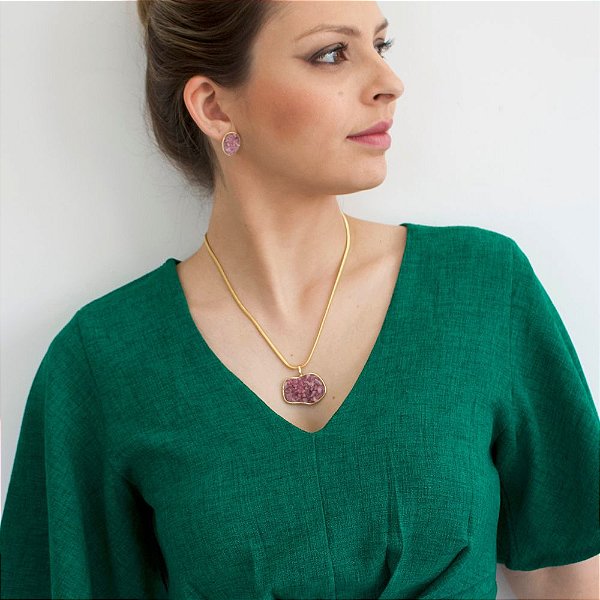 Conjunto Colar e Brinco Vivaz com Pedra Natural Rodonita