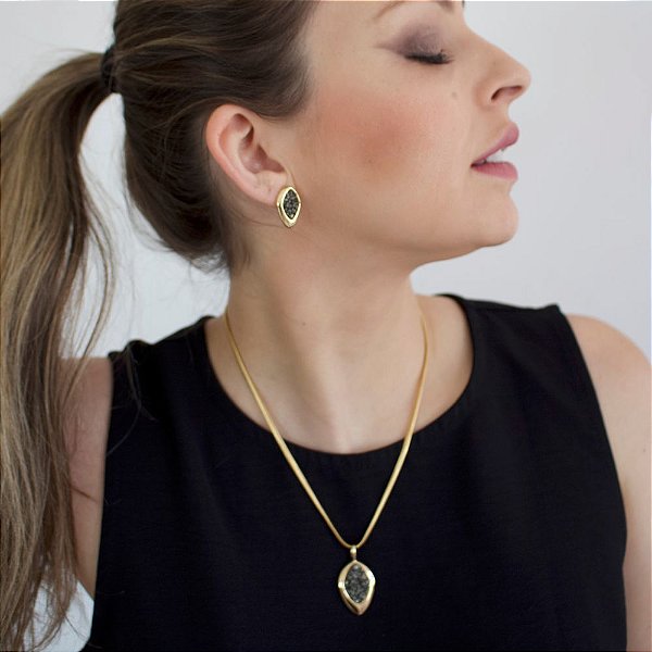 Conjunto Colar e Brinco Losango com Pedra Natural Pirita