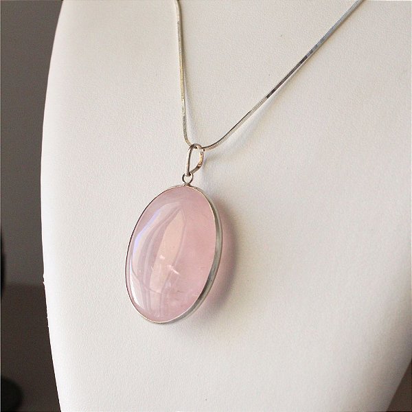 Colar Longo com Pedra Natural Quartzo Rosa em Prata 925