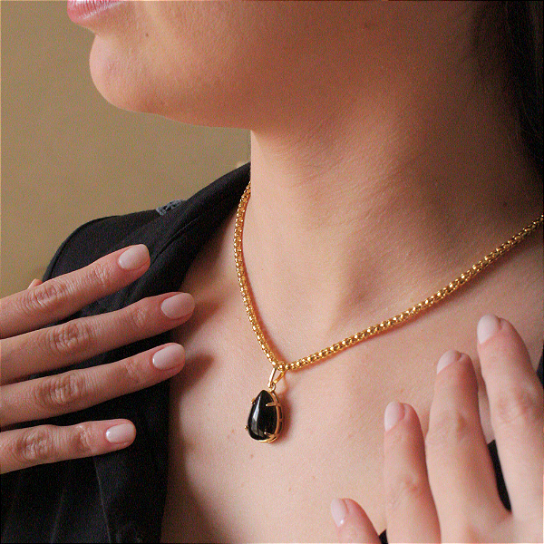 Colar Gota com Pedra Natural Obsidiana