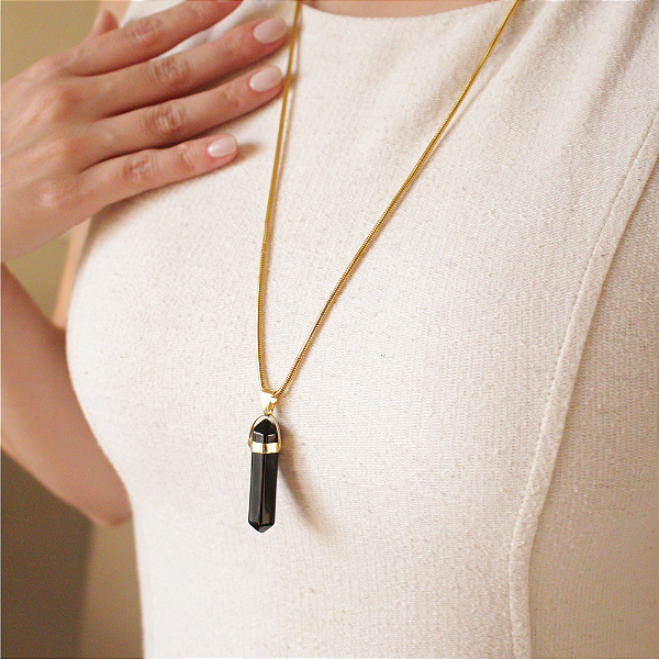 Colar Longo com Pedra Natural Obsidiana