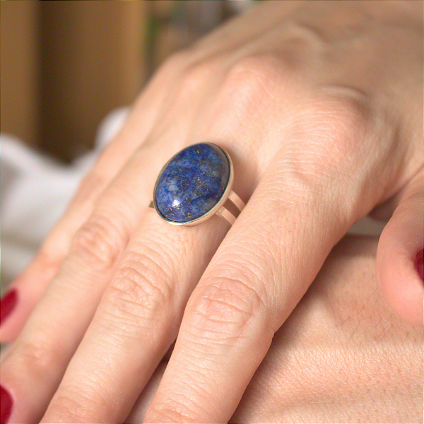 Anel Ajustável na Prata 925 com Lápis Lazuli