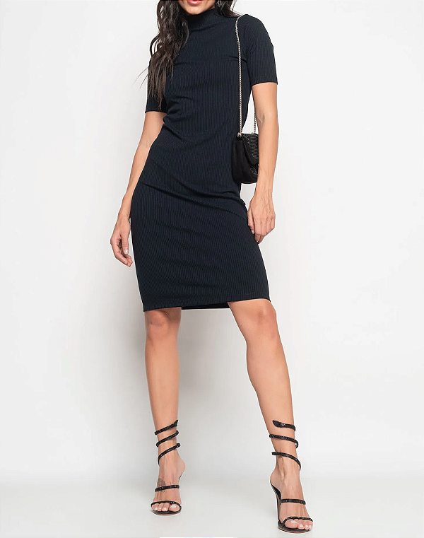Vestido Midi Manga Curta Canelado Preto Salvatore Fashion