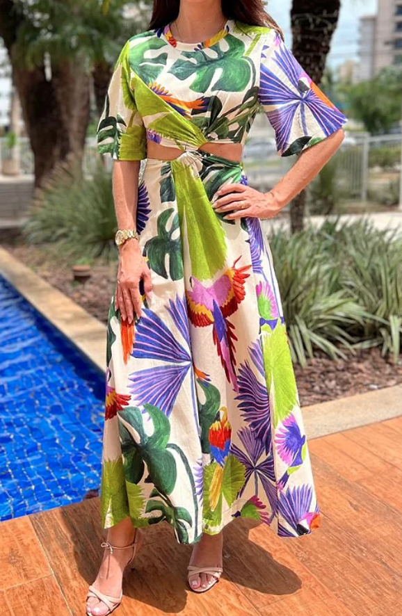 Vestido Midi Torção Pássaros Pintados FARM
