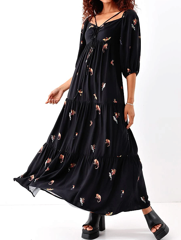 Vestido Longo Estampado na Selva FARM