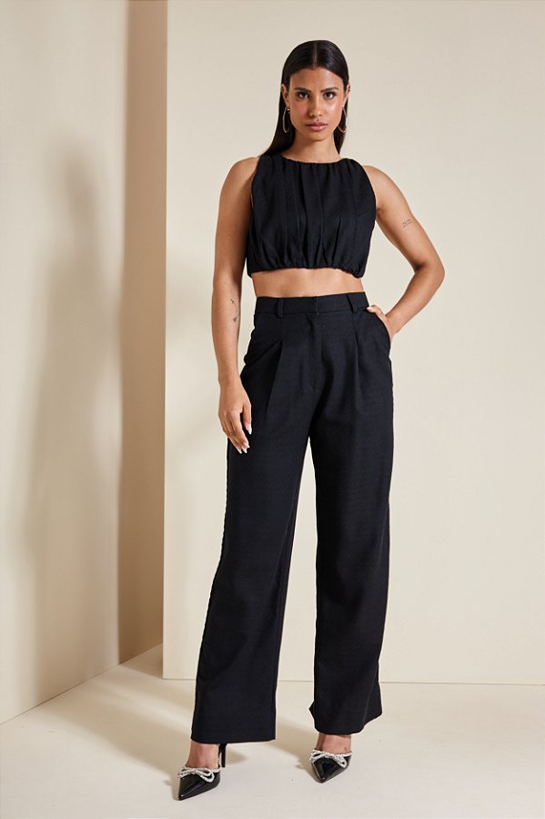Regata Cropped Linho Jacquard Preto - ALL'S