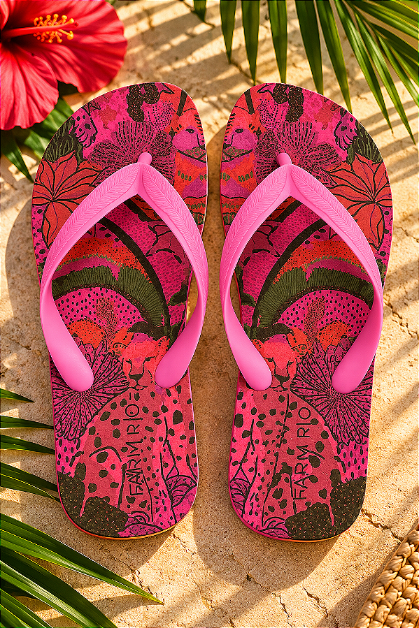 Chinelo Farm Jangada – Estampa Rosa Pink Onça FARM