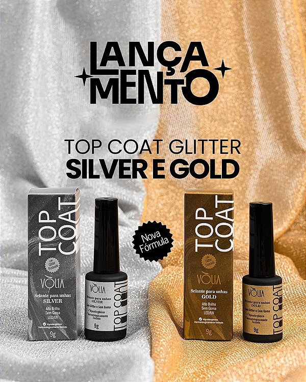 Top Coat Glitter Silver ou Gold 9g - Volia