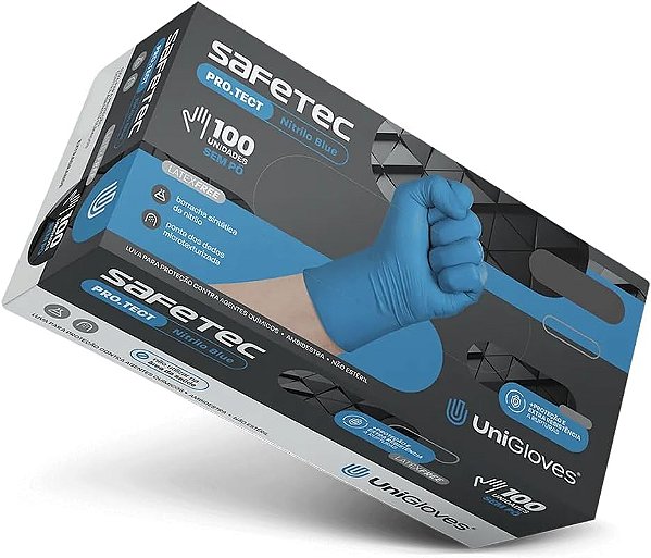 Luva Nitrilica sem Pó Azul para Proteção Quimica - Safetec 100und - UniGloves