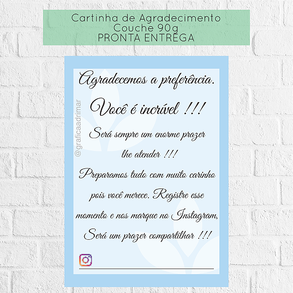 Carta de Agradecimento 7x10cm PRONTA ENTREGA - REF 6001