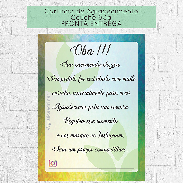 Carta de Agradecimento 7x10cm PRONTA ENTREGA - REF 6002