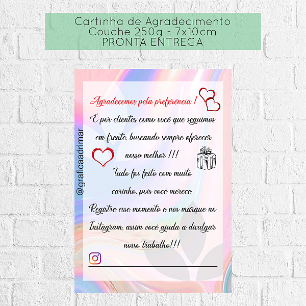 Carta de Agradecimento 7x10cm PRONTA ENTREGA - REF 7002