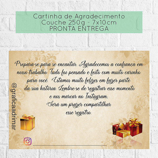 Carta de Agradecimento 7x10cm PRONTA ENTREGA - REF 7004