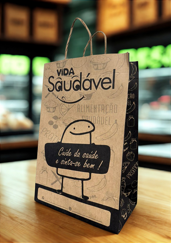 Sacola Kraft Vida Saudável para Alimentação Marmita Fit Delivery Ifood 30,5cm A x 19,5cm L x 11,5cm Fundo - Modelo 28